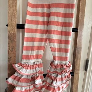 Striped Ruffle Kids Leggings - Coral and White